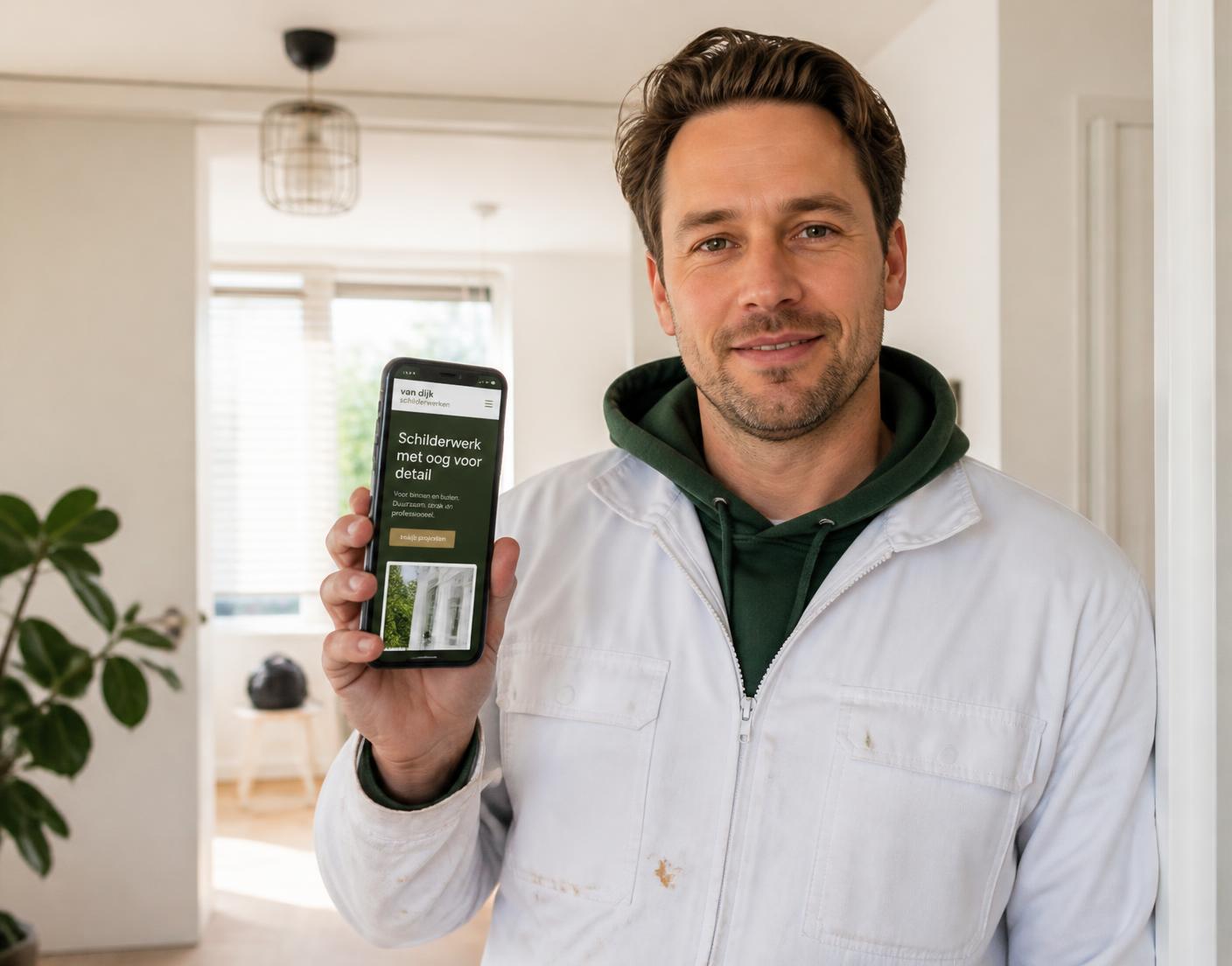 Zelfstandige schilder toont zijn nieuwe website op zijn telefoon